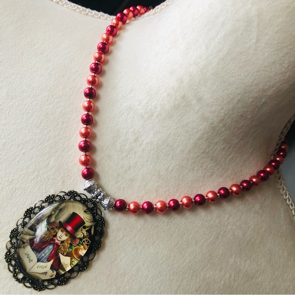 Handcrafted repurpose top hat girl cameo pendant Czech glass Pearl necklace